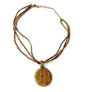 Vintage Premier Designs Gold Tone Green Rhinestone Medallion Necklace